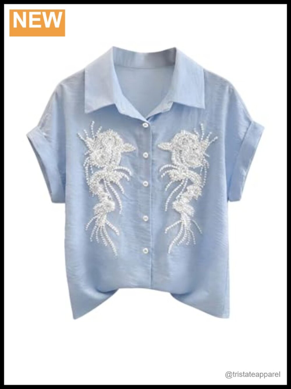 Women's Pearl Beaded Button Down Shirt Short Sleeve Collared Blouse Dressy
